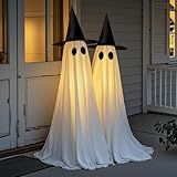 2 Packs Halloween Decorations Outdoor, 5 FT USB Powered Ghost Decor Kit with Remote Controlled String Lights, Easy Assemble Ghosts Halloween Decorations for Front Door Porch Yard