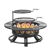 36 Inch Fire Pit with 2 Cooking Grills,Outdoor Wood Burning BBQ Firepit with Lid, 3-in-1 Outdoor Fire Pit for Backyard Deck Bonfire Patio Picnic(Black)