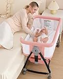 Bedside Bassinet for Baby, 3 in 1 Breathable Mesh Baby Bassinet, 6 Height Adjustable, Easy to Assemble, Bassinet Bedside Sleeper with Wheels, Mosquito Net, Storage Basket, Bassinets for Newborn Baby