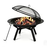 Outdoor Wood Burning Fire Pit, Heavy Duty Round Steel Fire Bowl for Backyard, Patio, Camping, Bonfire, Black Finish, with Mesh Spark Screen and Hook