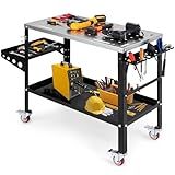 Goplus Rolling Welding Table, 1200 lbs Welding Workbench Table Top w/4 Lockable Wheels, Tool Rack & Tray, 5/8” Holes, 8 Tool Slots, 2 Nozzle Holders, 36” x 18” Welding Fixture Table for Shop Garage