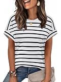 WIHOLL Womens Tops Summer Outfits Fall Fashion Clothing Travel Cruise Essentials Short Sleeve Tshirts Shirts 2026 Trendy Dressy Casual Teacher Black White Stripes L
