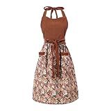 HYVOROS Cute Floral Aprons for Women with Pockets,Cotton Adjustable Neck Strap Apron for Kitchen Cooking Baking Gardening (Brown, Medium)