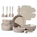 CAROTE 19pcs Pots and Pans Set Non Stick, Nonstick Cookware Set Detachable Handle, Induction Kitchen Cooking Sets with Removable Handle, RV Kitchen, Oven Safe, Taupe