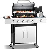 CIG GARDEN 4 Burner Propane Gas Grill with Side Burner,3 in 1 Propane Gas BBQ Grill,Double-layer Stainless Steel BBQ Grill Lid with Cast Iron Grates,52000 BTU Output for Camping, Patio, Backyard