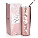 Onebttl 50th Birthday Gifts for Women, Female, Her - 50 and Fabulous - 20oz/590ml Stainless Steel Insulated Tumbler with Straw, Lid, Message Card - (Rose Gold)
