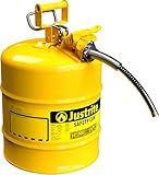 Justrite 5 Gallon Type II Yellow Safety Can for Diesel with Flame Arrester, Self-Closing Lid, and 5/8" Flexible Metal Spout, Made in the USA, Galvanized Steel Flammable Storage Can, 7250220