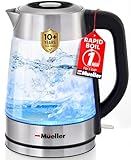 Mueller Rapid Boil Electric Kettle 1.8L – Borosilicate Glass & Stainless Steel – BPA-Free Tea Kettle, LED Light, Auto Shut-Off, Boil Dry Protection Water Heater – Fast Heating, Kitchen Appliances