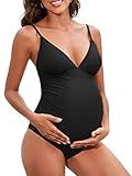 CUPSHE Maternity Swimsuit for Women One Piece Swimsuits Pregnancy Swimwear Spaghetti Straps Ruched Adjustable,XL Black