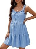 BLENCOT Casual Dresses for Women Sleeveless Drawstring V Neck Flowy A Line Mini Babydoll Maternity Dress for Photoshoot with Pockets Blue Large