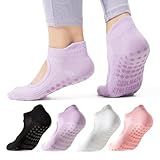 CoolMate Pilates Socks with Grips for Women, Yoga Socks, Crew Non Slip Women for Workout, Barre, Pilates Gifts (US, Numeric, 6, 10, Regular, Regular, 4 Pairs Open Top Pink/White/Light Purple/Black)