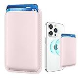 Amzone Magnetic Mag-safe Wallet Cell Phone Card Holder for Phone Case with Mag-Safe, Stronger Magnetic RFID Leather Phone Wallet Stick on Series of iPhone 15/14/13/12 and Pro/Promax, Light Pink