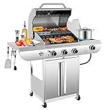 Electactic 3-Burner Propane Gas Grill with Side Burner – 34,000 BTU Stainless Steel Outdoor BBQ Grill, Cast Iron Grates, Portable with Wheels for Patio, Camping