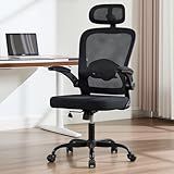 Rishtivin Ergonomic Office Chair with 3D Adjustable Lumbar Support, Mesh High Back, 75° Rotating Headrest, Rocking Function, 300lbs Capacity, Black/White (Black)
