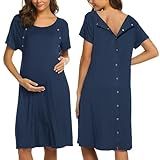 Ekouaer Women's Snap Down Back Maternity Robe Labor Delivery Breastfeeding Dress (Navy Blue,XXL)