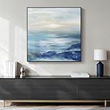 Framed Blue Abstract Wall Art for Living Room, Large Coastal Canvas Artwork for Walls Decor, Seascape Square Beach Ocean Minimalist Paintings Prints for Hallway Bedroom Office Wall Decor, 30x30 Inch