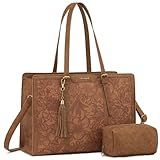 LOVEVOOK Laptop Bag for Women Vintage Leather Work Tote 15.6 inch Large Capacity Computer bag with Clutch Purse for Office, Travel, Casual