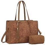 LOVEVOOK Laptop Bag for Women, Vintage Leather 15.6 Inch Work Tote with Large Cup Holder, Teacher Professional Computer Bag with Clutch Purse and Tassel for Office Business