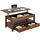Rolanstar Coffee Table, Lift Top Coffee Table with Drawers and Hidden Compartment, Retro Central Table with Wooden Lift Tabletop, for Living Room,Espresso