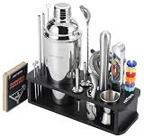 HMYBAR® 22-Piece Cocktail Shaker Set, Mixology Bartender Kit with 24oz Cobbler Shaker, Home Bar Tool Set with Black Bamboo Stand, 39 Recipe Cards, Glass Markers, Gift for Men & Dad