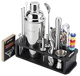 HMYBAR® 22-pc Cocktail Shaker Set(24oz/700ml) | Mixology Bartender Kit | Bar Tool Set | Martini Making Set with 39-Recipe Cocktail Cards & Kit's Deco, Bamboo Stand Black Color, Silver Tools