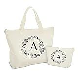 Binggemen Personalized Initial Canvas Tote Bag with Zipper, Present Bag with Inner Pocket & Make Up Bag, Great Gifts for Women, Mom, Teachers, Friends, Bridesmaids
