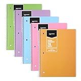 Amazon Basics College-Ruled Spiral Notebook, For Work and School, 70 Sheets, 8" x 10.5", Assorted Pastel Solid Colors, 5-Pack