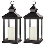 Bright Zeal 2-Pack 14" Decorative Candle Lantern Black Outdoor Lanterns with Timer Candles - IP44 Waterproof Vintage Lanterns Battery Powered LED Decorative for Wedding - Warm White Hanging Wall