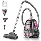 Canister Vacuum Cleaner, 32Kpa 1600W Bagless Vacuum Cleaner, Dust Full Indicator, H13 HEPA Filter, 3.7Qt Large Capacity, Lightweight Vac for Hard Floors, Carpet, Pet, Upholstery, Pink