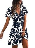 RUMIA Sundresses for Women 2026 Summer Beach Dresses Short Sleeve Empire Waist Church Wrap V Neck Dress Spring Clothes Floral Navy 02 XL
