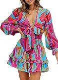Dokotoo Summer Dresses for Women 2025 Sexy V Neck Ruffle Elegant Long Sleeve High Waist Chiffon Patterned Boho Hawaiian Swing A Line Mini Short Dress Brunch Outfits for Women Multicolor Medium