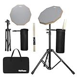 12 Inch Practice Drum Pad with Stand, Sticks and Drum Stick Bucket, Beginner Snare Drum Pad with Drumsticks(one pair) and Carrying Bag, Double Sided Silent Drum Pad (Gray)