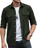DIFICIL SLOG Men's Corduroy Snap Button Down Shirt Jacket Western Long Sleeve Shacket Lightweight Overshirt with Flap Pockets Hunter Green