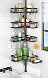 HAMITOR Shower Caddy Tension Pole: 4-Tier Corner Rustproof Bathroom Organizer with Soap Holder & Hooks - No-Drill Adjustable Shower Shelf for Renters - Family Stand Storage Rack - 47-123 Inch Black