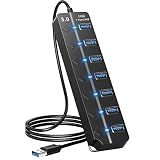 USB Hub 7 Port, USB Splitter with Individual On/Off Switches and Lights.