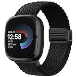 Braided Magnetic Bands Compatible with Fitbit Versa 4/Fitbit Versa 3/Sense 2/Sense 1,Soft Stretchy Elastic Nylon Sport Loop Strap for Women Men (Black)