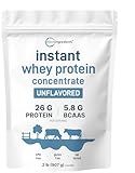 Instant Whey Protein Powder Concentrate, 2lbs | Unflavored with Fast Absorption | 26g Protein Per Serving + 5.8g BCAAs | Great for Bars, Shakes, Smoothies, Snacks, or Coffee | Non-GMO, Soy Free