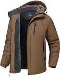 SPOSULEI Winter Coats for Mens Skiing Snow Waterproof Heavy Jackets with Hood Warm Fleece Lined Coats Young Brown M