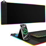 Mouse Pad with Phone Holder, Wireless Charging Desk Mat, RGB Gaming Mousepad Home Office Large Desk Pad with Ultra-Smooth Surface, Non-Slip Base, Waterproof Keyboard Pad, Classic Black Desk Mat