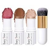 KIMUSE Face Sticks Trio, Cream Blush Stick & Highlighter Stick & Contour Stick for Sculpt the Cheeks, Long Lasting Cream Contour Stick Trio for Face Makeup, with Brush