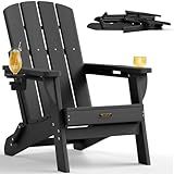 SUUNYN Folding Adirondack Chair, HDPE Adirondack Chairs with 2 Cup Holder, Plastic All-Weather Fire Pit Chairs, Outdoor Lawn Chair for Patio Garden (Black)