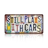 JBYMsign Vintage Wall Decor Still Plays With Cars License Plate Cat Cave Metal Sign Tin Signs Poster For Cat Lover