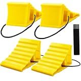 Seuqhck 4 Pack Wheel Chocks, Wheel Chocks with Rope, Plastic Hard Wheel Stoppers Block for Camper Cars, RV Trailer, Trucks (Yellow)
