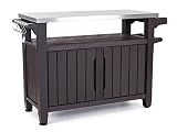 Keter Outdoor Rolling Table Cart for Food Prep, Storage, Bar & Grill, Dark Brown - Portable Kitchen Island Tabletop with Wheels for Drinks, Snacks, and Cooking