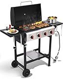 GRILL DEPOTS 4 Burner Gas Grills Outdoor Cooking Propane Gas Grill BBQ Grill Portable Barbecue Grills with Cast Iron Grate, Pan and Folding Side Table 40000 BTU Output Easy-Clean