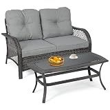 Magshion Outdoor Patio Loveseat Set, 2 Seat Sofa Furniture Set with Soft Cushions and SideTable, All-Weather Rattan Conversation Couch for Backyard, Balcony, and Deck, Grey