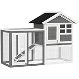 PawHut 48" Wooden Rabbit Hutch Bunny Cage with Waterproof Asphalt Roof, Fun Outdoor Run, Removable Tray and Ramp, Grey