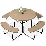 Best Choice Products 8-Person Outdoor Bench Patio Picnic Table, Circular w/ 4 Built-in Benches and Umbrella Hole, 2000lb Capacity - Tan