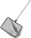 Pawfly Aquarium Fish Net with Telescopic Stainless Steel Handle 8 Inch Large Square Net with Soft Fine Mesh Sludge Food Residue Wastes Skimming Cleaning Net for Fish Tanks Small Koi Ponds and Pools