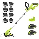 Electric String Trimmer Cordless with 2x2.0Ah Battery, 20V Weed Wacker Weed Eater with Charger, 12-inch Lawn Mover & Edger Lawn Tool, Powered Grass Trimmer with 8pcs Spool Line for Yard, Garden, Green